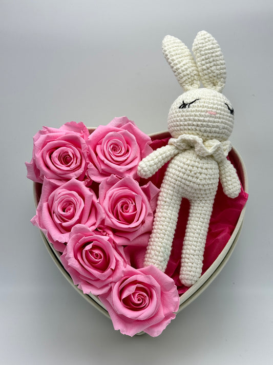Roses éternelles roses en cœur blanc - Velours - Lapin