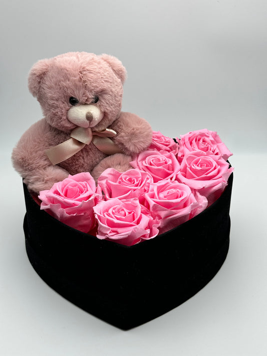 Roses éternelles roses en cœur noir - Teddy