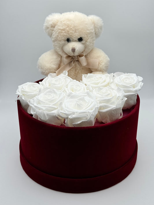 Roses éternelles blanches en cercle rouge - Velours - Teddy