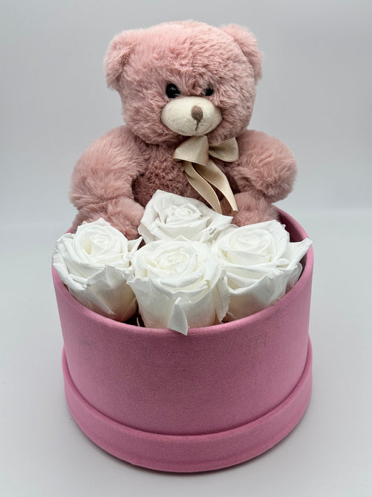 Roses éternelles blanches en cercle rose - Velours - Teddy